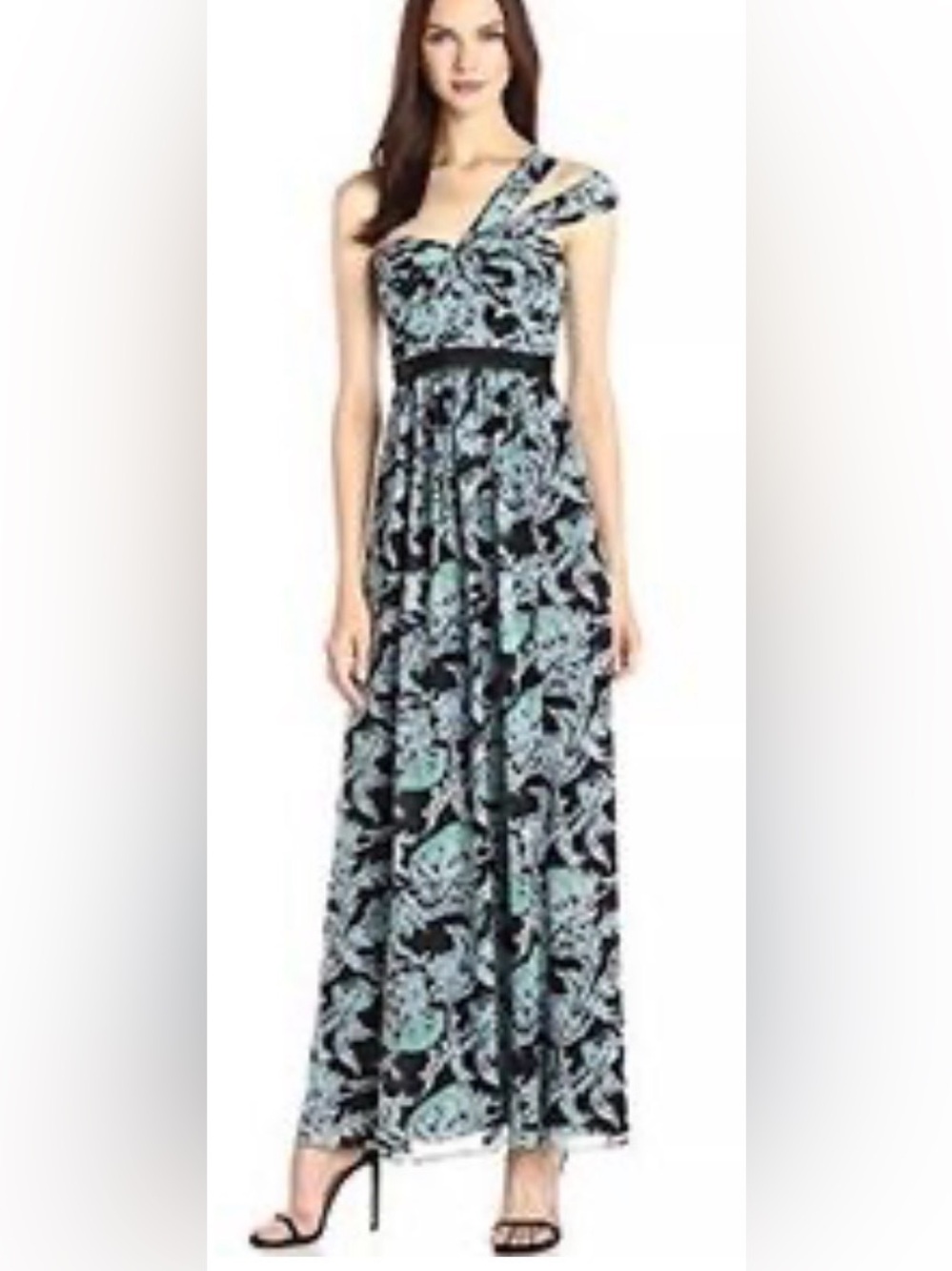 BCBGMaxAzria Maxi Dress Size 12 Black and Teal Floral One-Shoulder Y2K